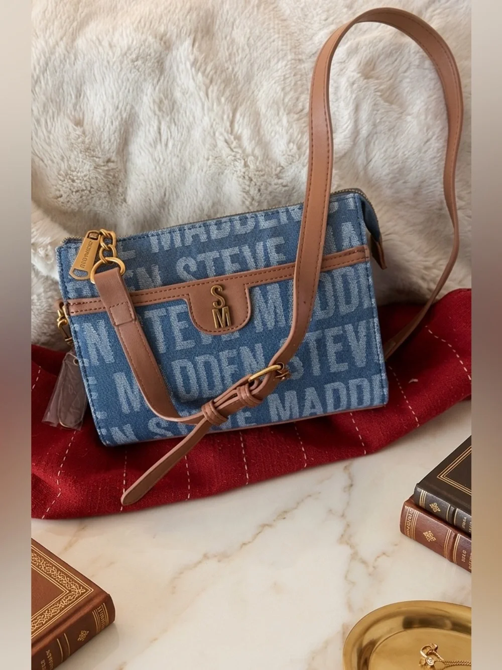 Steve Madden Denim Logo Crossbody with Tan Trim